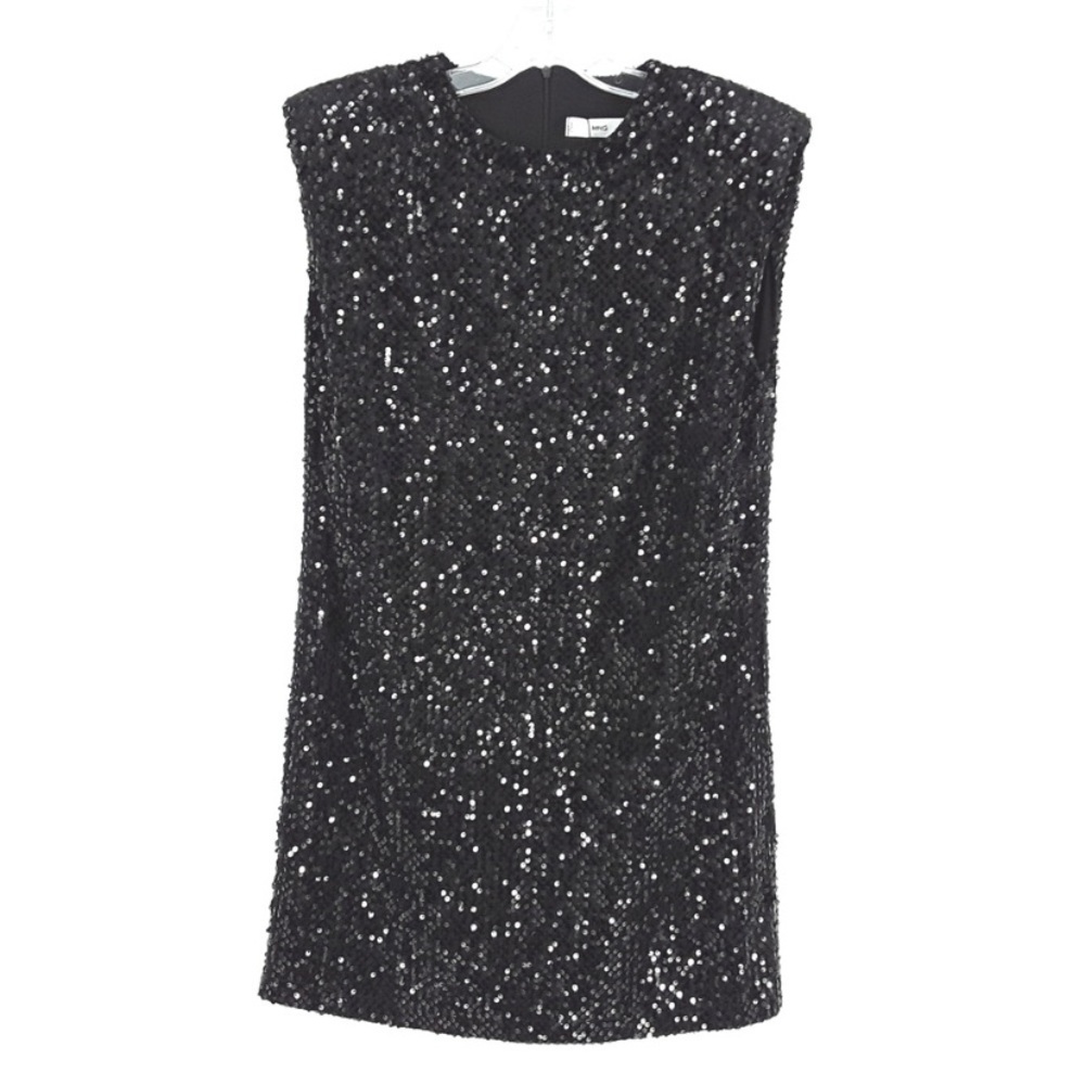 MNG By Mango Dress Mini Shift Sequin Round Neck Shoulder Pads Black Medium NWT